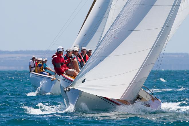Nigel Abbott's Romy (C2014) leads Georgia C2015 - both new boats of the year of their sail numbers. - 2015 Couta Boat Australian Championship ©  Alex McKinnon Photography http://www.alexmckinnonphotography.com